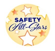 A yellow circle with white and orange stars reads 'Safety All-Stars.'