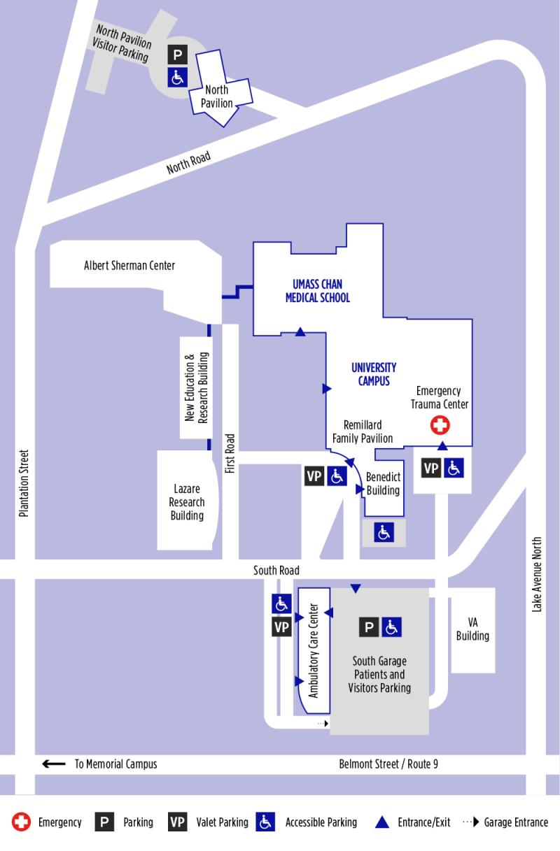 Parking locations at the University Campus including the North Pavilion.