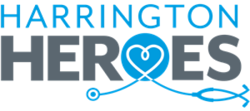 The Harrington Heroes award logo in light blue and gray. A stethoscope makes a heart inside the 'O'.