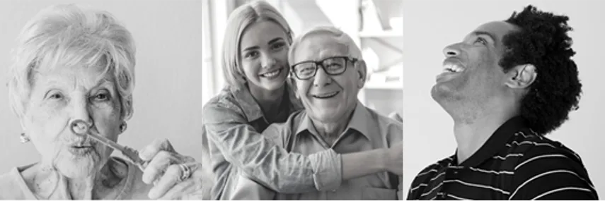 Three black and white images are side by side, on the left is a mature woman blowing bubbles, the middle is a young woman hugging a mature man, the right is an adult looking up and laughing.