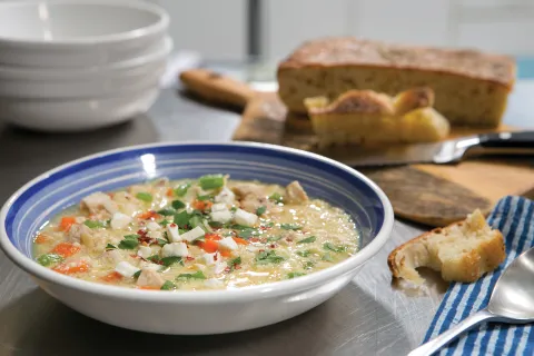 Bowl of Avgolemono Soup also called Greek Lemon Chicken Soup