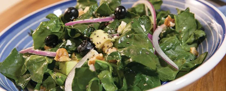 A blue bowl with a salad made of spinach, avocado, blueberries, onions, and chia seeds.